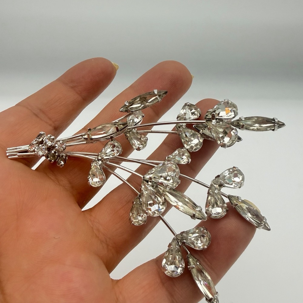 Vintage Large Clear Rhinestone Spray Brooch Prong Set 3D Unsigned
